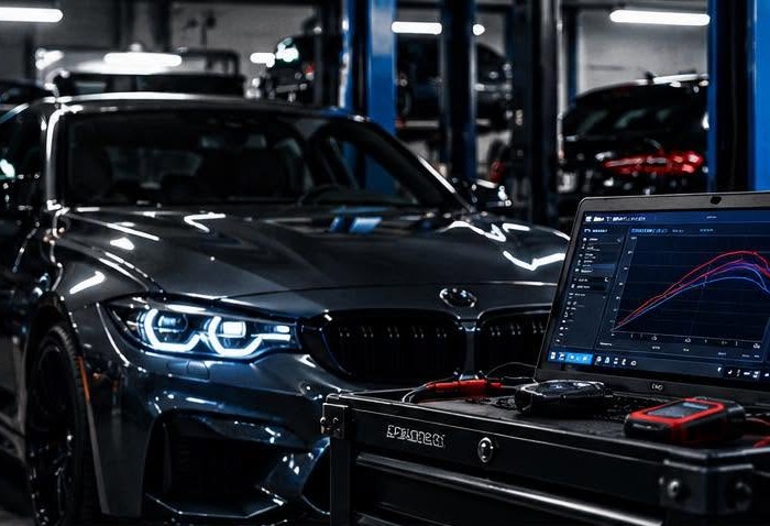 Mașină în atelierul ECU DRIVE, cu laptop de diagnoză și grafic dyno